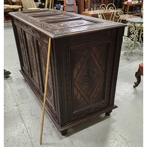 94 - Late 19th tall Mahogany Blanket Chest, with highly carved front and side panels, similar carvings on... 