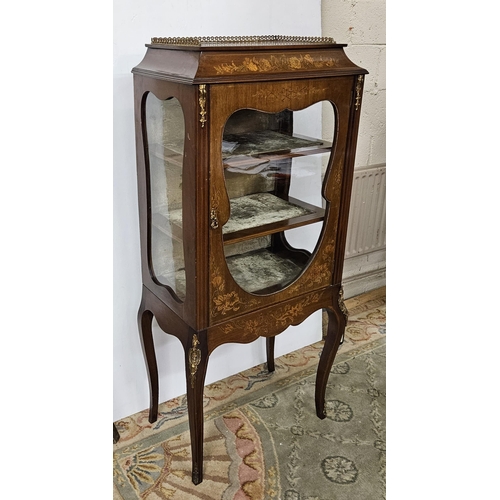 99 - Late 19thC French Walnut Display Cabinet, a brass fretwork gallery over the single shapely-glazed do... 