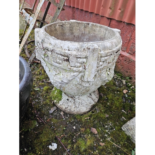 309 - Set of 3 concrete Greek style Garden Urns, with embossed grapes etc