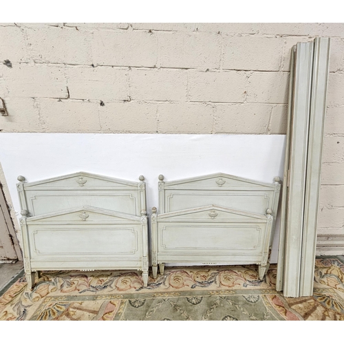 325 - Matching Pair of French light blue painted bed ends and side supports, each 39cm wide (will suit a 3... 