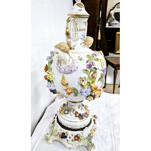 357 - Meissen Table Centrepiece - a Vase with two female figures to the two handles, decorated in a romant... 