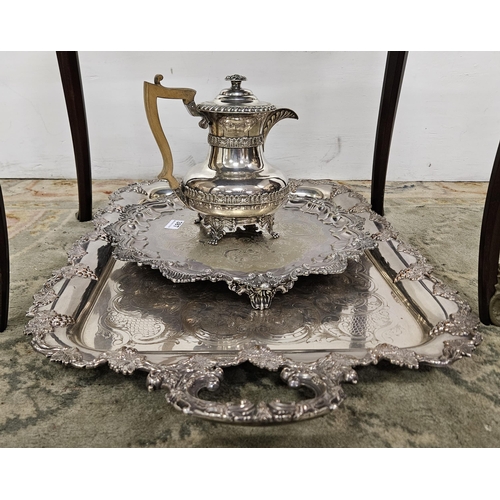 387 - Ornate Georgian Plated Coffee Pot with wooden handle 22cmH, a shaped body plated Tray on feet 38cm d... 