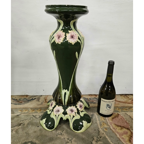 398 - Glazed Majolica Plant Stand, painted green with pink flowers, petal shaped feet, 52cmH