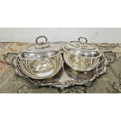 400 - Large silver-plated Tray with handles and shell borders, stamped Joseph Rodgers Sheffield & 2 oval s... 