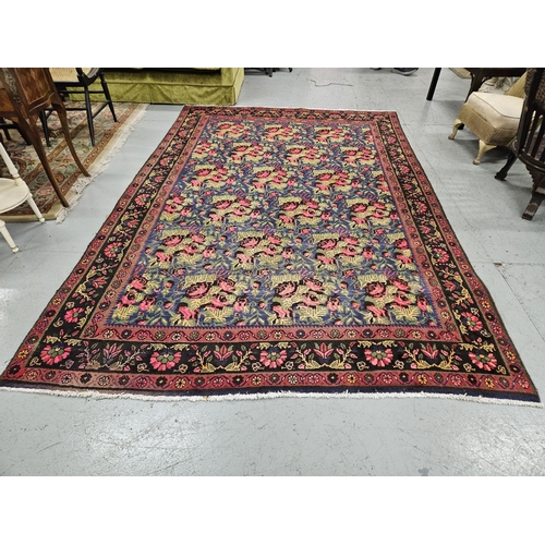 164 - Vintage Wool Floor Carpet, dark blue ground with red roses, green flower stems, 2m x 2.9m