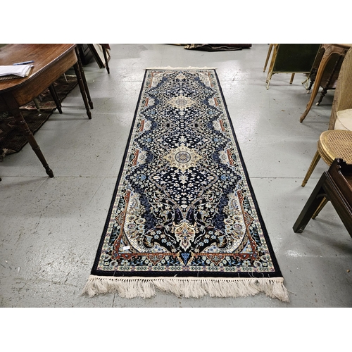 179 - Rich blue ground fine woven Iranian Runner Rug, bespoke medallion design, 3m x 1m