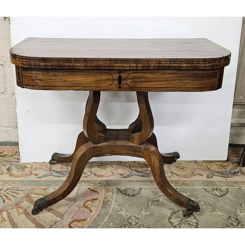 342 - Regency Mahogany Card Table, on a pod base, 4 splayed legs and brass toes, 91cmW x 75cmH x 46cmD