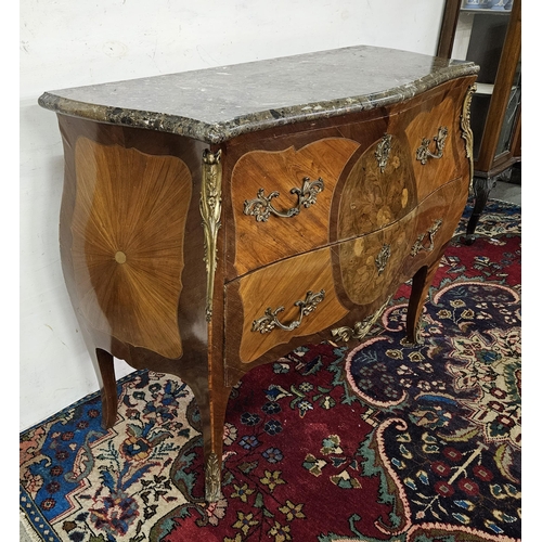 98 - 19thC French Kingwood Commode, with a brown veined serpentine shaped marble top over two bombe drawe... 