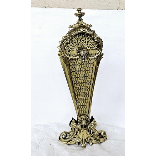 202 - French Brass Pierced Folding Fan Fireplace Screen on a scrolled shaped base, urn shaped finial, 65cm... 