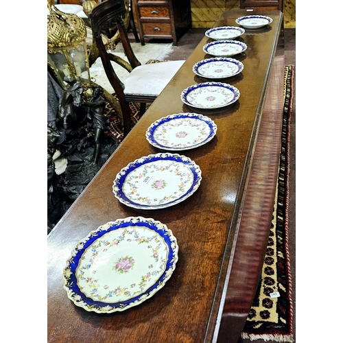 359 - Set of 8 English Porcelain Dessert Plates, blue borders with central pink flowers (retail stamped by... 