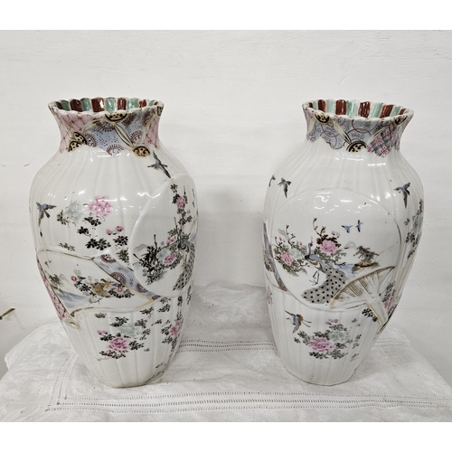 360 - Matching Pair of Japanese Porcelain Vases, decorated with fans and birds (1 with body crack), 37cmH