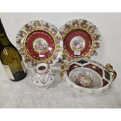 371 - 2 Bavaria Wall Plates (stamped J.K.), a similar bowl and short bulbous vase (4)