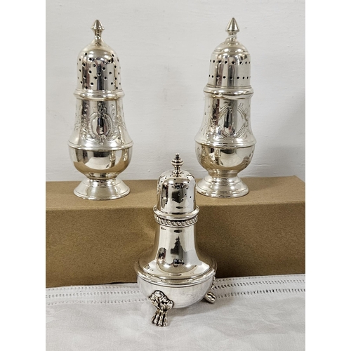 395 - WITHDRAWN Similar Pair of EPNS Sugar Castors (chased floral décor), 15 cm H & a large plated pepper ... 