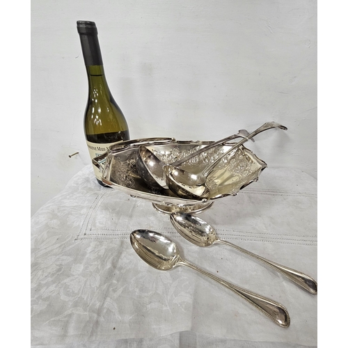 515 - 2 large Sl. Pl Soup Ladles, a pair of Plated Serving Spoons & a plated fruit basket with handle (5)