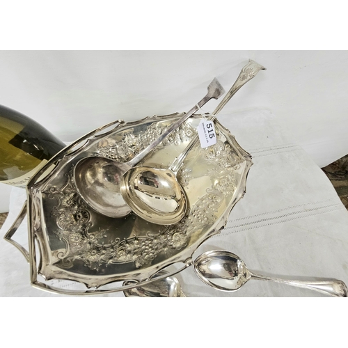 515 - 2 large Sl. Pl Soup Ladles, a pair of Plated Serving Spoons & a plated fruit basket with handle (5)