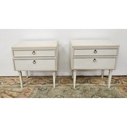 527 - Matching Pair of modern composite white painted Bedside Cabinets (2 drawers, tapered legs), 55cmW x ... 