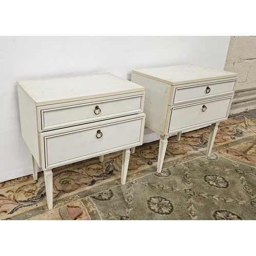 527 - Matching Pair of modern composite white painted Bedside Cabinets (2 drawers, tapered legs), 55cmW x ... 