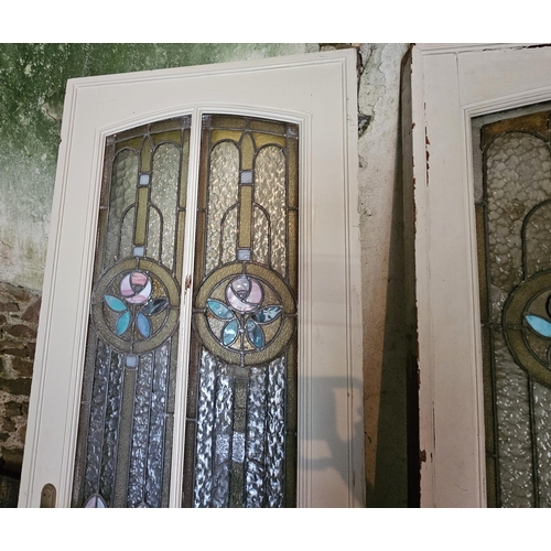 530 - 2 similar Tall French Wooden Doors, painted white, with leaded glass panels  (228 x 89 & 228 x 73)