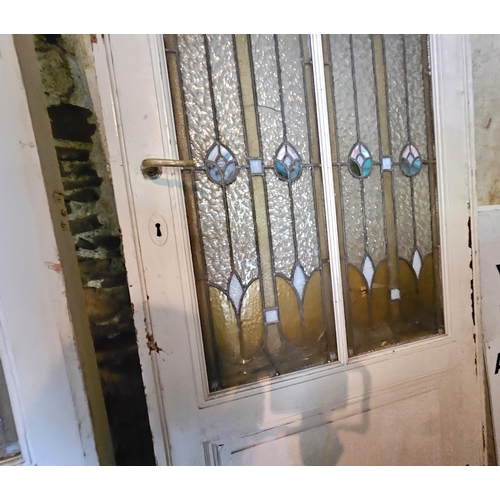 530 - 2 similar Tall French Wooden Doors, painted white, with leaded glass panels  (228 x 89 & 228 x 73)