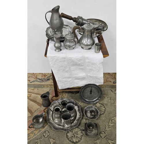 82 - Large quantity of Pewter – tankards, plates, coffee pot, wooden handled press etc