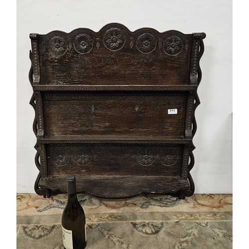 243 - Georgian Oak Plate Rack, the curved top rail above floral carvings with 2 narrow shelves over a wide... 