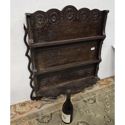 243 - Georgian Oak Plate Rack, the curved top rail above floral carvings with 2 narrow shelves over a wide... 