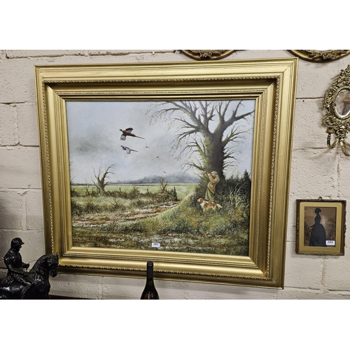 301 - ANTAOINE MacGIOLLA, Pheasant Shoot with Gun Dog, large oil on canvas, in an ebony colour frame, 106c... 