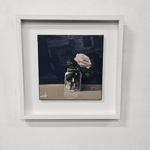 285 - VIVEK MANDALLA, Oil on Canvas, still life, Pink Flower in a contemporary boxed white frame, 48cm s... 