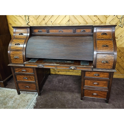 348 - Large 19thC Walnut Roll Top Writing Desk, the tambour door opening to an arrangement of drawers and ... 