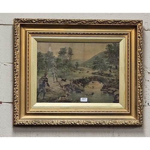 287 - VICTORIAN Oleograph The Shooting Party, in a large frame, painted gold, 62cm x 75cm