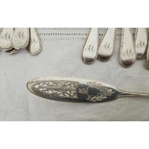 392 - Antique English EP Plate 12 place Fish Knife and Fork Set, with bright cut hilts, the knife handles ... 