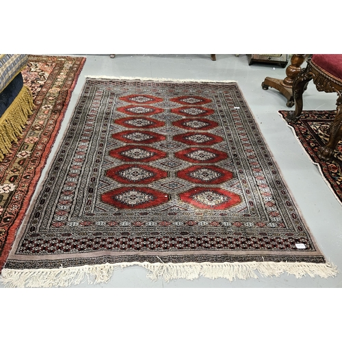 173 - Bokhara pattern Floor Rug, grey and red ground, 174cm x 125cm (modern era)