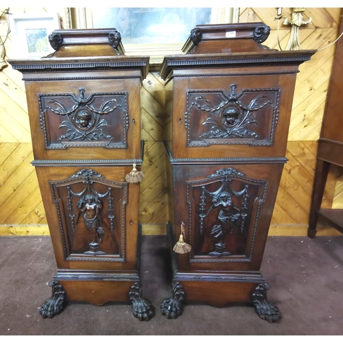 345 - Pair of tall WMIV fine quality Mahogany Pedestals, the goat head finials over two tapered cabinets b... 