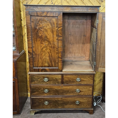 349 - Mahogany Linen Press, the two flame mahogany doors (with brass trim) over 2 short drawers and 2 long... 