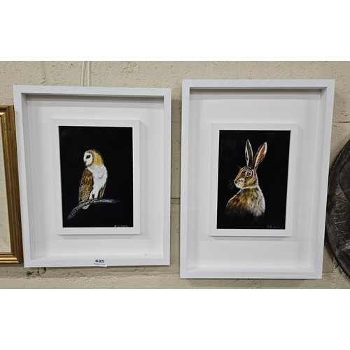 435 - K EGLESTON, Barn Owl & Hare, 2 oils on board in double white frames, each 50cmH x 42cmW (2)