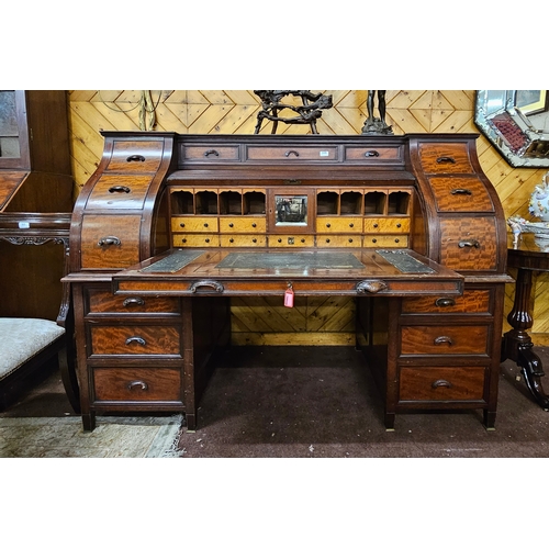 348 - Large 19thC Walnut Roll Top Writing Desk, the tambour door opening to an arrangement of drawers and ... 