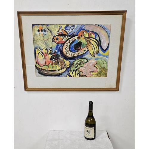 448 - Contemporary Watercolour, signed G Casey ’85  - Still Life – Fish, Fruit etc in a pine frame, 55cmH ... 