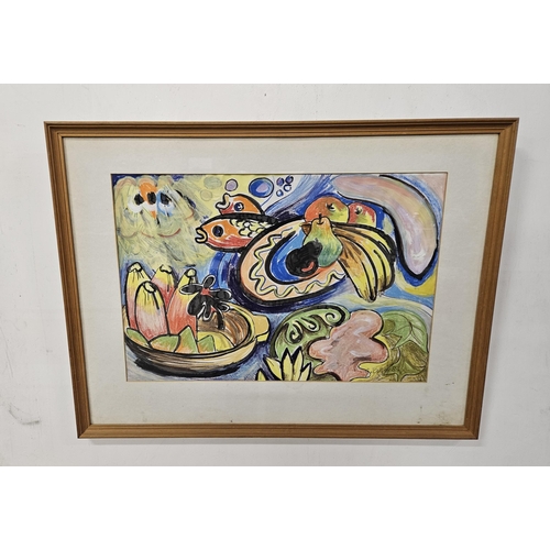 448 - Contemporary Watercolour, signed G Casey ’85  - Still Life – Fish, Fruit etc in a pine frame, 55cmH ... 