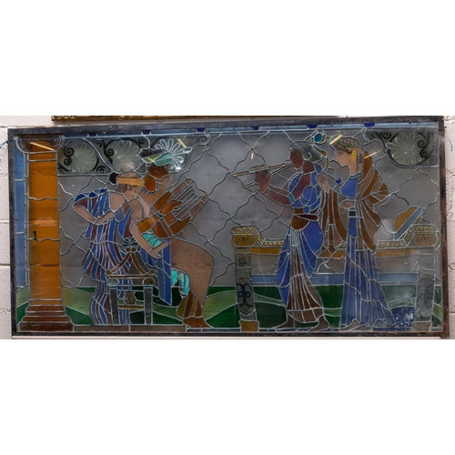 286 - Large Mid-20thC Leaded Glass Window Panel, depicting Egyptian figures in musical poise, black metal ... 