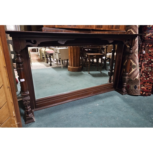 523 - Large Wall Mirror / Overmantle, in a mahogany frame, with side columns, 87cmH x 156cmW (1 top mould ... 