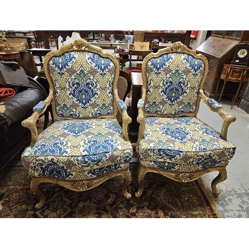 1 - Matching Pair of Carved Gilt Framed Armchairs, fino gold finish, the carved shell motif over floral ... 