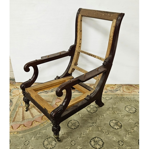 14 - 19thC Reclining Mahogany Library Chair, with scrolled arms, on brass cup castors with unusual brass ... 