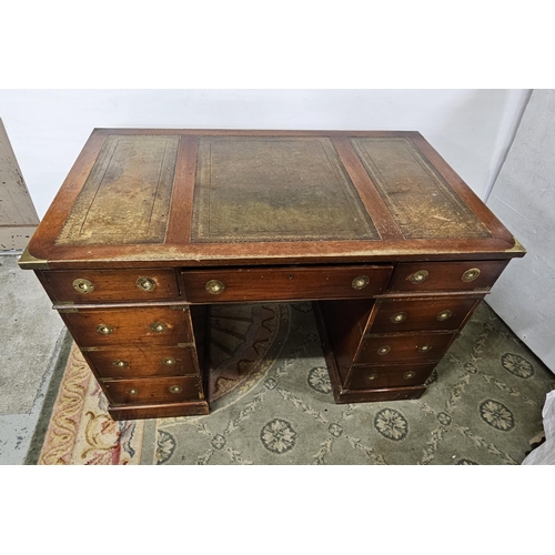 26 - Mid-20thC Mahogany Campaign Style Pedestal Desk, 3 apron drawers and 3 drawers on either side, brass... 