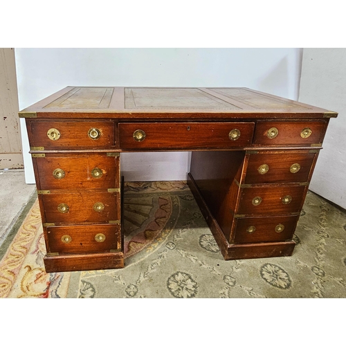 26 - Mid-20thC Mahogany Campaign Style Pedestal Desk, 3 apron drawers and 3 drawers on either side, brass... 