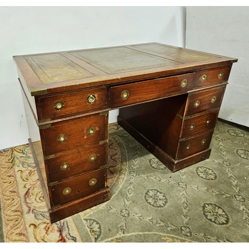 26 - Mid-20thC Mahogany Campaign Style Pedestal Desk, 3 apron drawers and 3 drawers on either side, brass... 