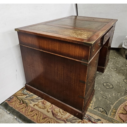 26 - Mid-20thC Mahogany Campaign Style Pedestal Desk, 3 apron drawers and 3 drawers on either side, brass... 