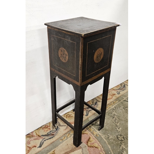 29 - Pokerwork Pot Cabinet on a stand, painted green with a hinged top lid, the side panels featuring the... 