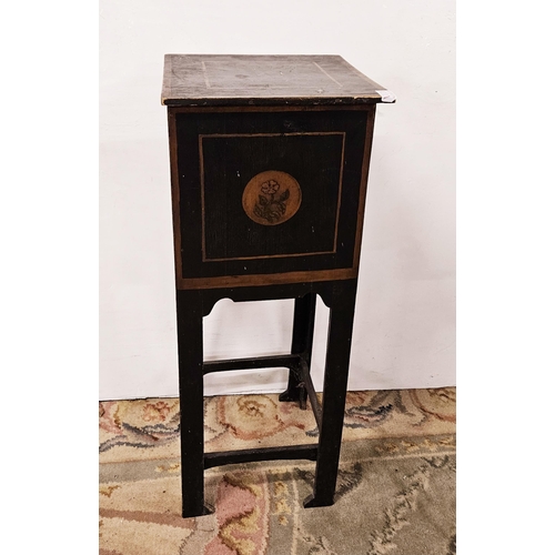 29 - Pokerwork Pot Cabinet on a stand, painted green with a hinged top lid, the side panels featuring the... 