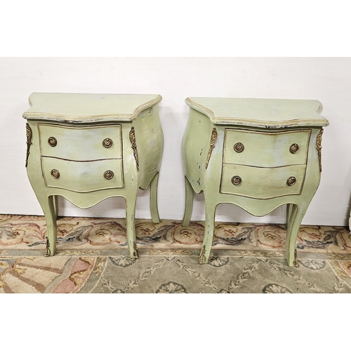 48 - Matching Pair of green painted 2-Drawer Commodes/Bedside Chests, with gold highlights, on sabre legs... 