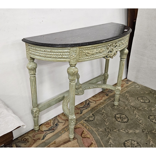 52 - Carved Console Table, demi-lune shaped and painted green, on 4 reeded legs and a shaped stretcher, w... 